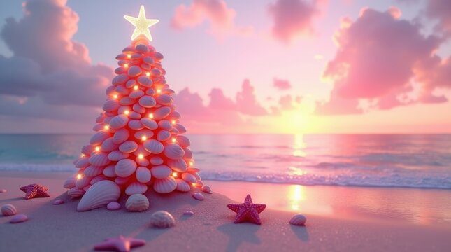 Christmas tree on tropical beach at sunset with starfish