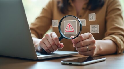 Businesswoman examining digital warning icons with magnifying glass over laptop