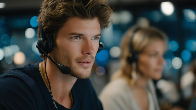 A global call center operating through different time zones, agents wearing headsets under soft LED lights as customer requests flow nonstop — 24/7 support service, multilingual assistance, and