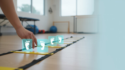 Physical therapy. balance fall prevention seniors training session with agility ladder and foot placement cues bright clinic room promoting