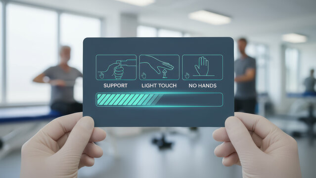 Physical therapy. balance fall prevention seniors caregiver holding rehabilitation instruction card with support light touch no hands guidance - Powered by Adobe