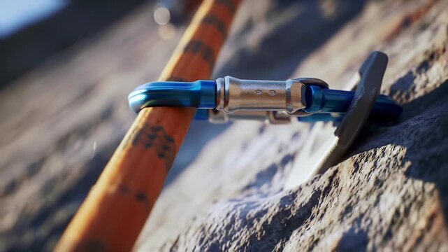 Cliff Climbing Essentials: Dynamic Orange Rope and Blue Carabiner Firmly Secured on a Rugged Rock Face, Highlighting Safety and Adventure for Outdoor Exploration.