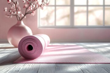 In peaceful room, pink yoga mat rolled out on wooden floor, with soft sunlight streaming through windows and cherry blossom branches in vase nearby, creating calming atmosphere