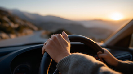 Hand resting on a steering wheel during a scenic road trip at dusk, warm sunset light flooding the car interior — concept of freedom of travel, exploration, leisure driving, and inspirational