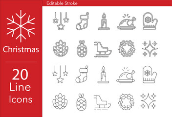 A set of Christmas line icons with editable strokes. Minimalist vector symbols, including a stocking and a sleigh. A modern outline graphic pack for holiday UI design, elements for festive stationery.