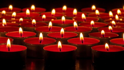 Many red tea lights glow brightly, casting a warm and comforting light against a dark background