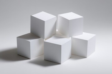 Minimalist composition of white geometric cubes on a neutral background