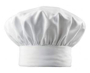 A classic white chef's hat, or toque, isolated on transparent background. The traditional design is ideal for representing professional cooking, culinary arts, or restaurant themes