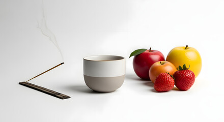 Aromatic incense stick smoldering next to a cup and fresh fruit on a clean white background.