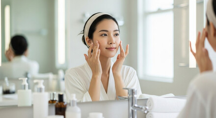 Asian woman applying skincare in bathroom mirror during morning routine