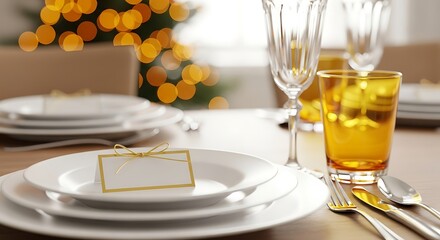 Elegant table setting prepared for a festive holiday dinner celebration, featuring a blank place card on a white plate with warm golden lights
