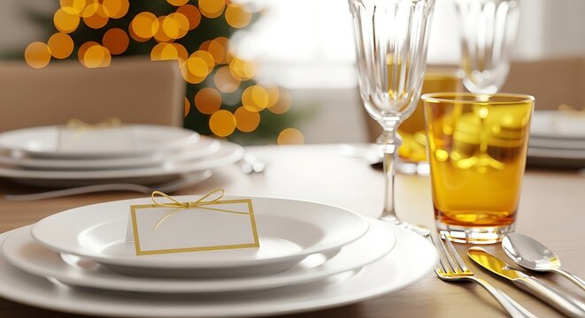 Elegant table setting prepared for a festive holiday dinner celebration, featuring a blank place card on a white plate with warm golden lights
