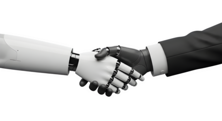 Human and robot handshake collaboration and future technology in black and white