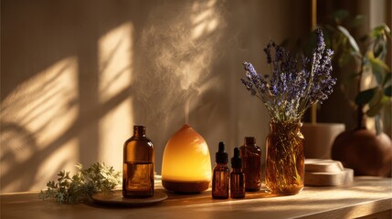 Minimalist home spa mood: diffuser emitting mist amid amber bottles and fresh greens