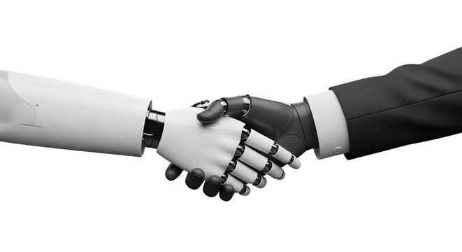 Human and robot handshake collaboration and future technology in black and white