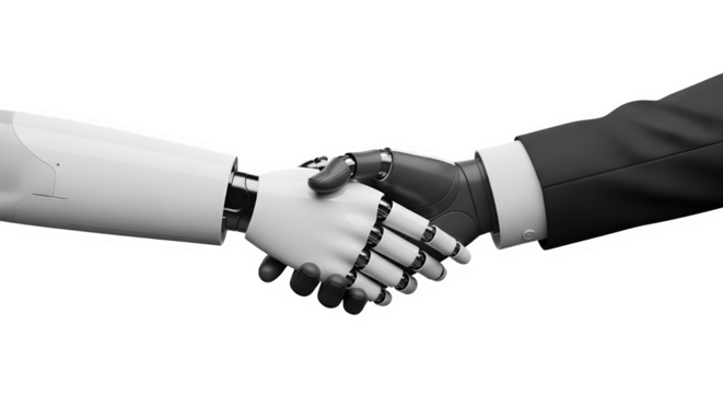 Human and robot handshake collaboration and future technology in black and white