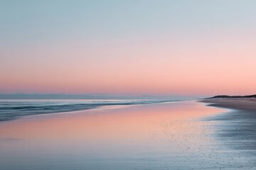 Obraz premium Minimalist Seascape at Dawn: Empty Beach, Soft Pastel Sky, Calm Water