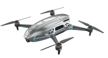 Futuristic silver drone with blue accents on a black background