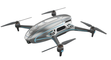 Futuristic silver drone with blue accents on a black background