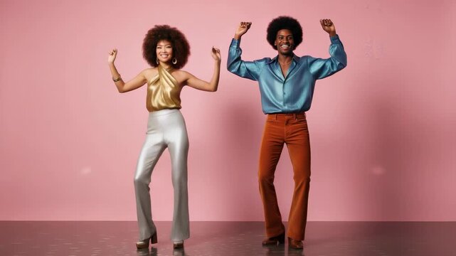 Joyful couple in vintage disco attire with afro hairstyles dancing against a pink background, celebrating with smiles and classic funk moves from the 70s in a full length shot