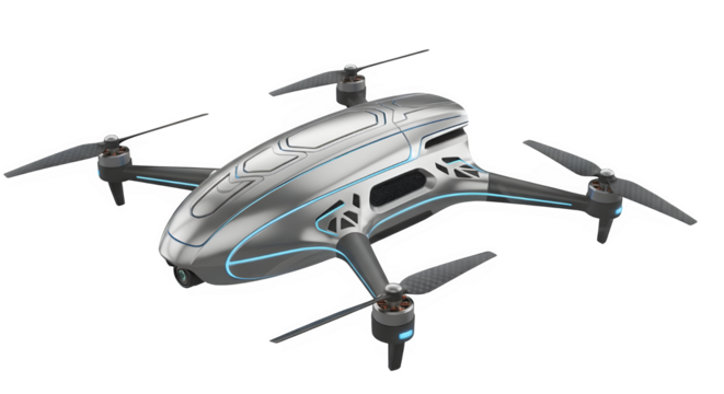 Futuristic silver drone with blue accents on a black background - Powered by Adobe