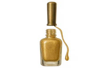 Gold glitter nail polish bottle with an open cap, brush, and dripping liquid pigment. Cosmetic for manicures on transparent professional background