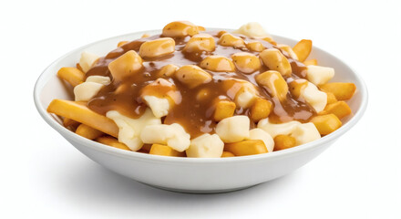Classic Canadian poutine with fries, cheese curds and brown gravy, isolated on pure white background