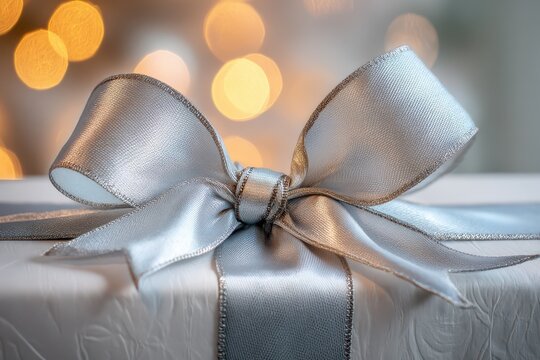 Minimalist silver bow with shimmering satin ribbon for festive gift wrapping