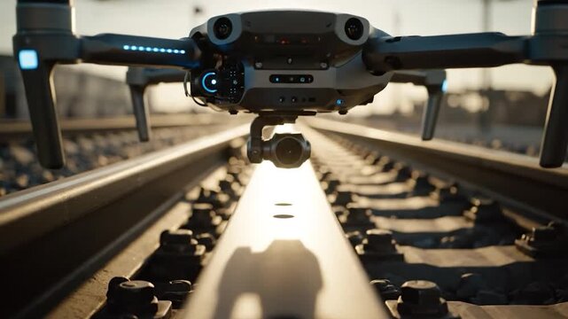 A drone hovers over railroad tracks in the sun, with propellers and camera visible in detail