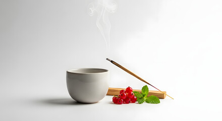 Calming aromatherapy with incense stick, berries and mint on a clean white background