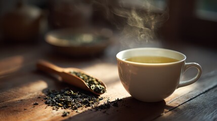 Minimalist tea setup featuring green tea, steam, and rustic wood with gentle bokeh