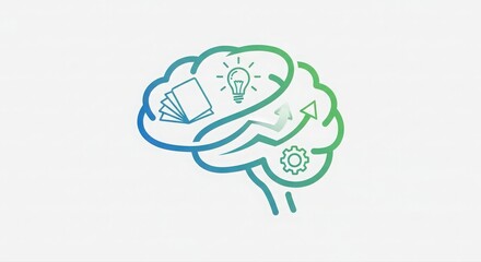 simple green and blue brain symbol, clean illustration of brain icon featuring idea symbols in two colors