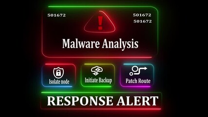 Malware Analysis response notification on digital interface in data center server room with isolate node initiate backup patch route options. glowing neon lights cybersecurity hacking Warning