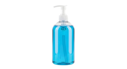 Clear bottle with blue liquid and pump dispenser on black background