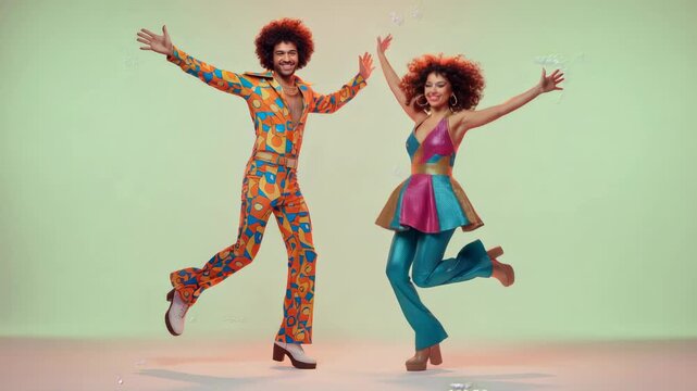 Energetic couple in colorful seventies outfits with afro hair joyfully dancing and jumping, celebrating with big smiles and arms outstretched during a fun retro party against a solid background