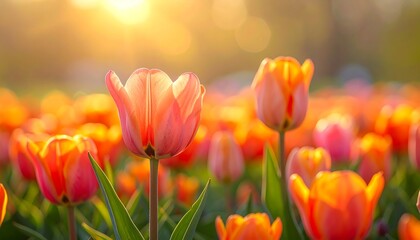 Many tulips with orange-pink petals bask in the warmth of golden sunlight