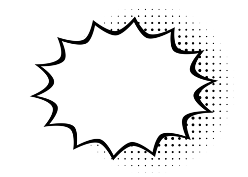 White comic starburst outline frame with halftone dots for labels, stickers and retro pop art design