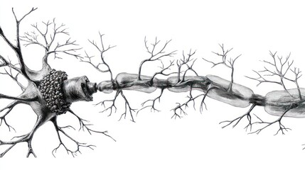 Monochrome medical illustration depicting a neuron and its branching structure