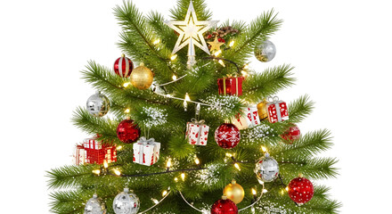 Decorated christmas tree with gifts and ornaments against a black background