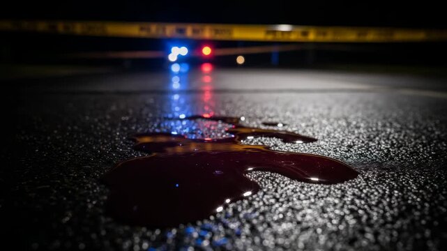 Dark and gritty crime scene at night with a pool of blood on the wet asphalt reflecting flashing red and blue police lights, with yellow caution tape cordoning off the area in the background