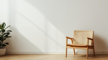 Minimalist wooden armchair with a cantilevered frame, woven cane seating, and a sleek modern aesthetic