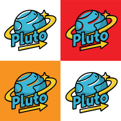 Pluto Planet Logo Vector Illustration with Orbit and Star - Retro Cartoon Space Emblem Set