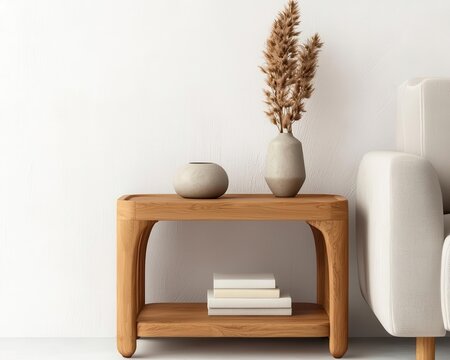 Minimalist wooden bar cart with smooth curved edges, open shelving, and a sophisticated midcentury appeal