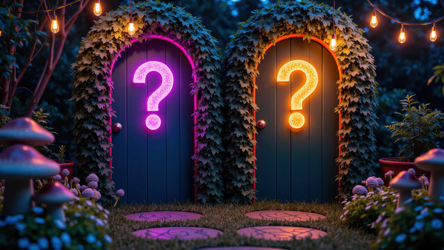 Whimsical garden scene featuring two colorful doors adorned with glowing question marks, surrounded by lush greenery, mushrooms, and soft lighting