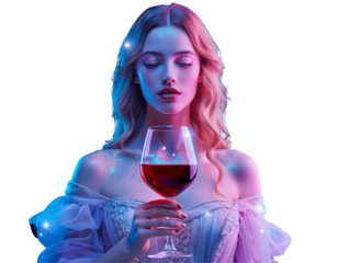 Beautiful woman holding glass of red wine with colorful neon lighting