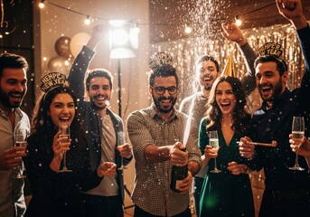 Celebrating Success Group Popping Champagne at Party