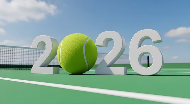 Tennis tournament 2026 concept on court with ball