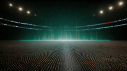 Futuristic digital stadium arena with glowing soundwave display