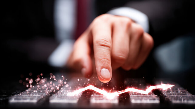 Businessperson creating red arrow chart on keyboard for growth