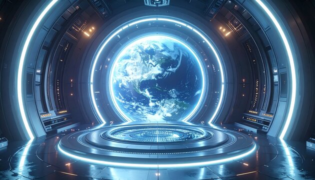 "Digital telecommunication map of the future, planet surrounded by luminous data ribbons, AI-controlled network spheres orbiting in harmony, blue-gold holographic colors"